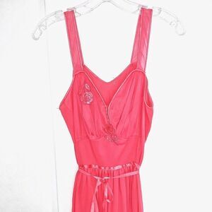 Gossard Artemis Coral Chemise Slip Gown Waist‎ Tie Floral Midi Vintage 60s S